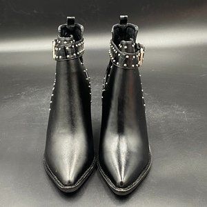 Black leather pointy toe chunky low heels slippers ankle boots booties shoes